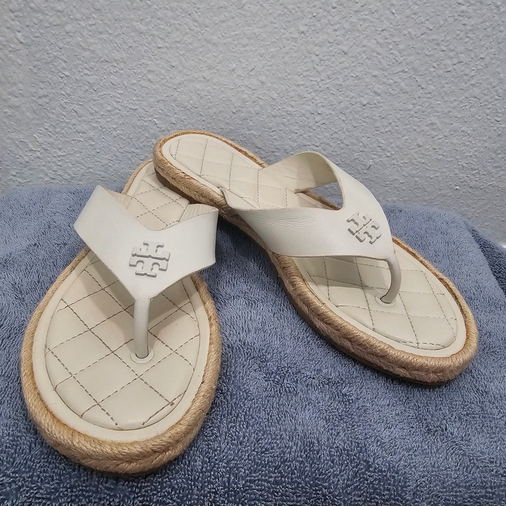 Tory Burch Ines Espadrille Thong Sandals White Leather Double T Logo Flat 8M